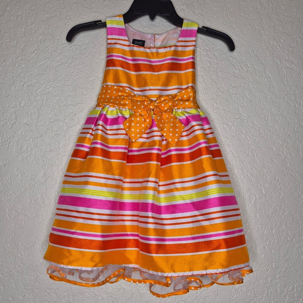 Holiday Editions Girls Orange Pink Striped Polka Dot Bow Party Dress Size 6/6X